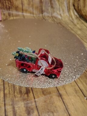 Pier 1 Red Metallic Truck Ornament with Green Tree Accent